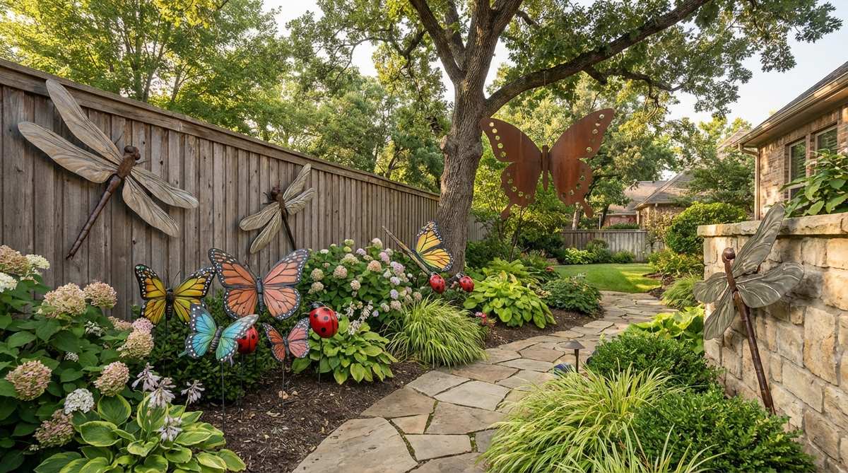 Large-scale metal or resin dragonflies, butterflies, and ladybugs with wingspans from 18 to 48 inches, designed for garden decoration. These oversized insects can be mounted on fences, staked in flower beds, or suspended from trees to create surreal scale shifts and memorable visual moments in outdoor spaces.