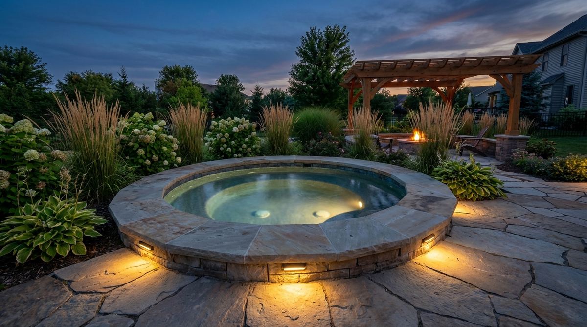 Low-profile garden lights installed around the edges of a spa, providing safe boundary definition and focused illumination without glare, as part of garden decor lighting.