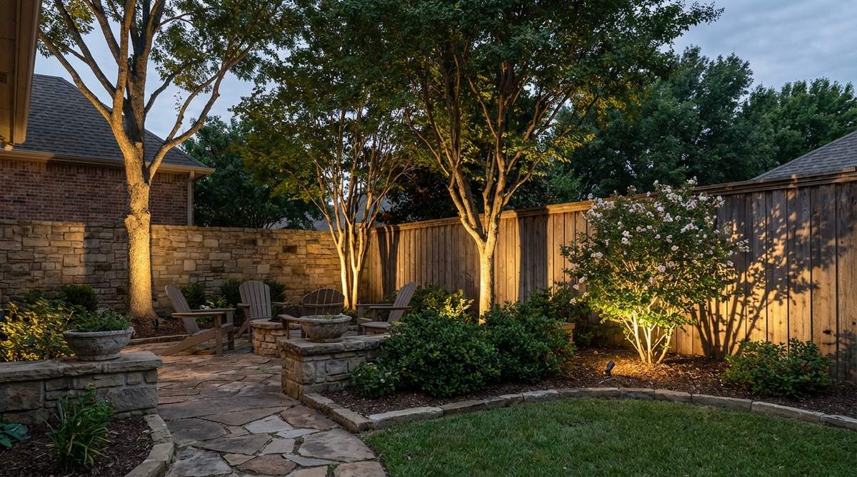 A dramatic image showing LED fixtures positioned at the base of trees or large shrubs in a small garden, casting defined shadows on walls or fences to add depth and visual interest after dark, with examples of narrow and wide beam angles for different shadow effects.
