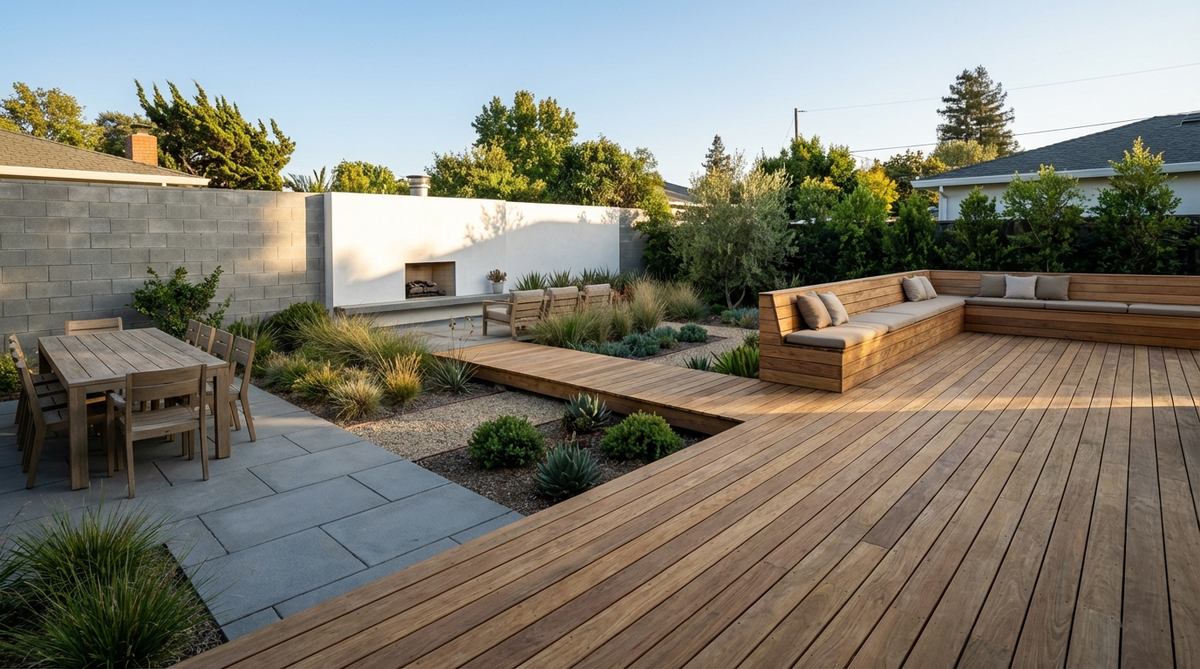 A modern garden featuring warm timber decking and benches in natural wood tones from tan to honey brown, creating inviting gathering areas. The timber bridges architectural elements with living plantings, balanced against cool gray masonry and white walls for harmonious contrast in minimalist garden design.