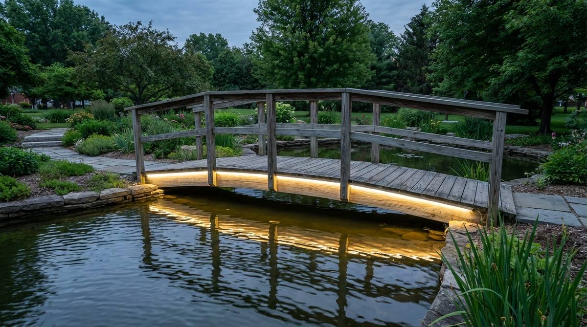 LED strip lights mounted beneath a wooden garden bridge, creating beautiful reflected illumination on the water surface below. The aluminum channel installation provides weather protection while maintaining a clean, intentional appearance that highlights both the bridge structure and aquatic features.