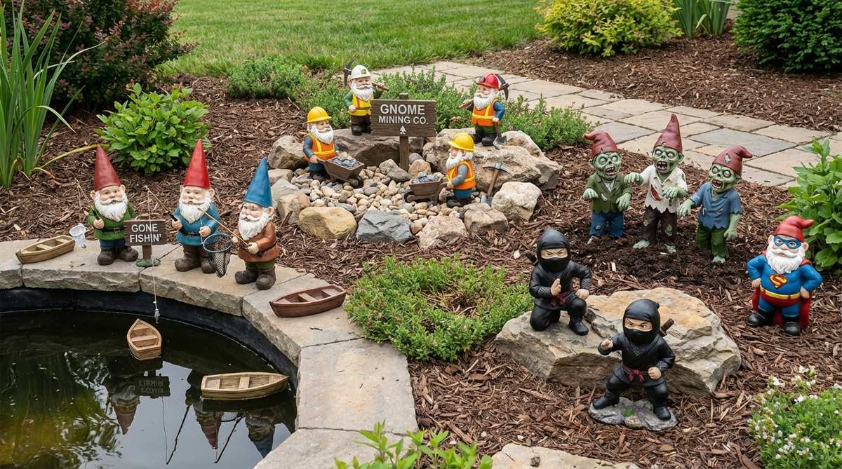 A collection of traditional bearded garden gnomes in pointed caps, arranged in narrative vignettes such as fishing scenes by a pond or mining operations in rock gardens. Includes contemporary versions like zombies, ninjas, and pop culture parodies, embracing intentional kitsch decor.