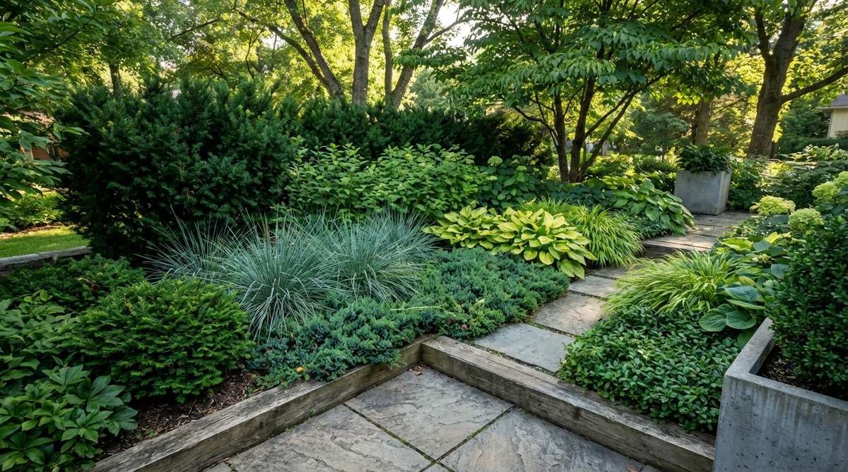 A modern garden showcasing green-on-green plantings with layered foliage in various tones including blue-greens, yellow-greens, and dark forest greens, emphasizing plant form and texture in a monochromatic design.