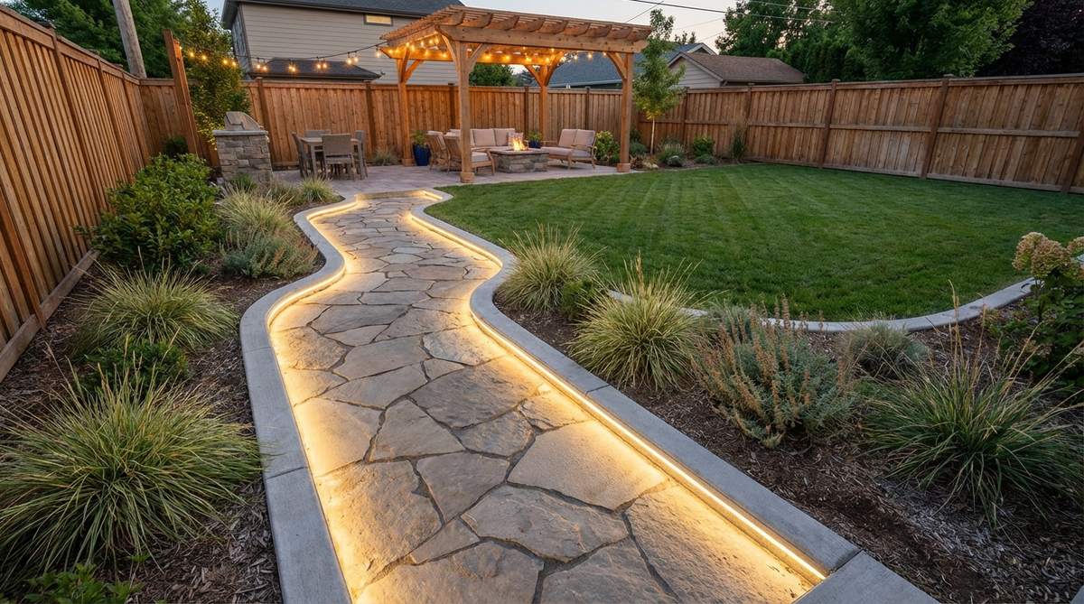Recessed LED lighting strips installed along garden path edges, providing safety illumination with a flush-mount design that maintains clean sightlines in small outdoor spaces.