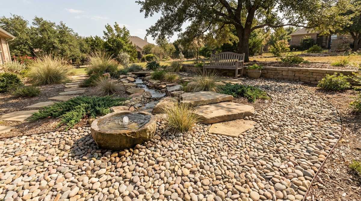 Smooth rounded Scottish beach pebbles in earth tones, 1-2 inches in diameter, used in Zen gardens for low-maintenance ground cover and natural water feature edging.