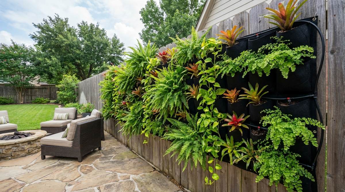 A modular vertical wall planter system mounted on a fence or building wall, creating a living tropical wall filled with ferns, pothos, and small bromeliads. The system maximizes planting area without consuming floor space and includes drip irrigation for simplified maintenance.