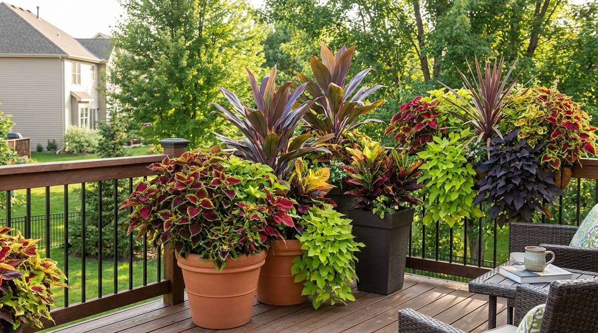 A vibrant tropical border along a balcony edge, featuring lightweight containers with colorful coleus, cordylines, and trailing sweet potato vines, designed for privacy screening and wind-resistant setup.