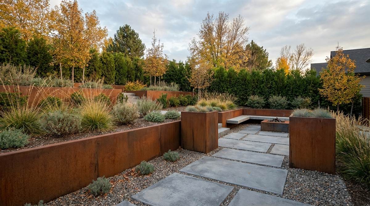 A modern garden featuring corten steel elements with a distinctive orange-brown rust patina. The weathering steel provides warm contrast against cool gray concrete and green foliage, creating natural earth tones with contemporary appeal. Shown are vertical corten planters and retaining walls that serve as focal points, complementing both evergreen and deciduous plantings throughout the seasons.