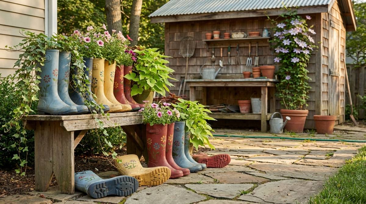 Colorful painted rain boots repurposed as planters with trailing plants, arranged in a garden setting near a potting shed. The boots feature weatherproof paint and drainage holes for healthy plant growth.