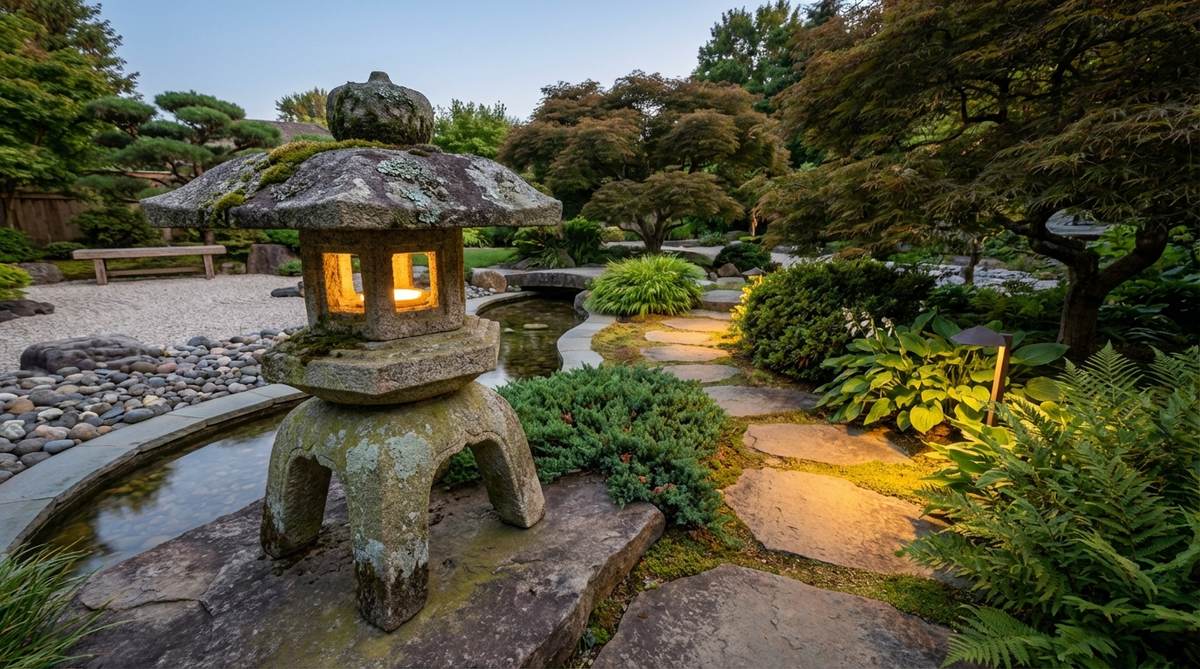 A traditional stone lantern in a Zen garden, positioned near a water feature or along a path. The lantern, made of granite or basalt, shows weathered surfaces with lichen growth, serving as both a sculptural element by day and functional lighting after dark. The design follows traditional styles like yukimi, oribe, or kasuga, with light pooling gently to guide movement without overwhelming the serene garden space.