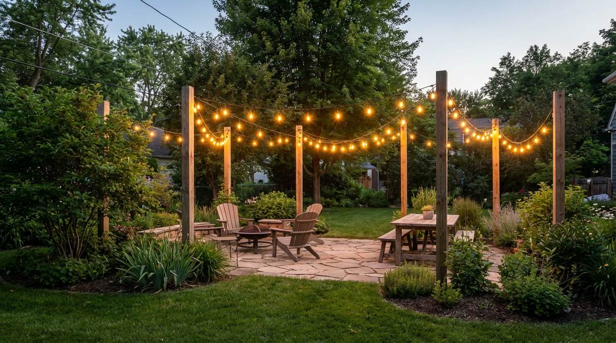 A string light canopy suspended overhead between posts in a small garden, creating an illuminated ceiling that defines an outdoor room with soft, diffused light from multiple small bulbs.