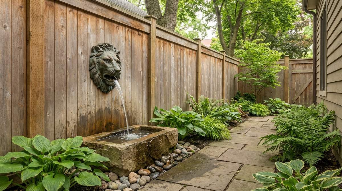 A decorative wall-mounted water spout attached to a fence, spilling water into a small catch basin below, creating a soothing sound effect in a narrow side yard of a small backyard garden design.