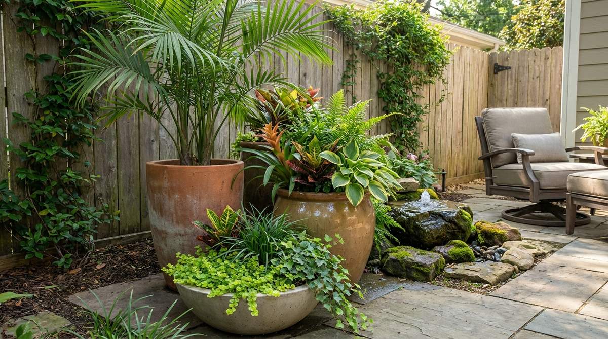 A trio of container plants arranged in a corner to create a tropical garden vignette, featuring a tall palm or bamboo plant in one pot, mixed tropical plantings in a mid-level container, and ground covers in a low bowl, with a small water feature adding sensory appeal.