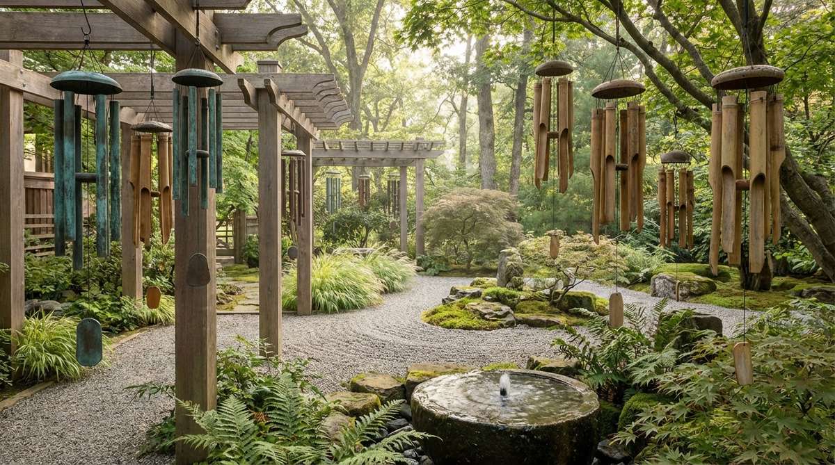 A selection of bronze and bamboo wind chimes hanging in a zen garden, positioned in areas with gentle air movement to create intermittent soothing sounds that complement water features without being intrusive.
