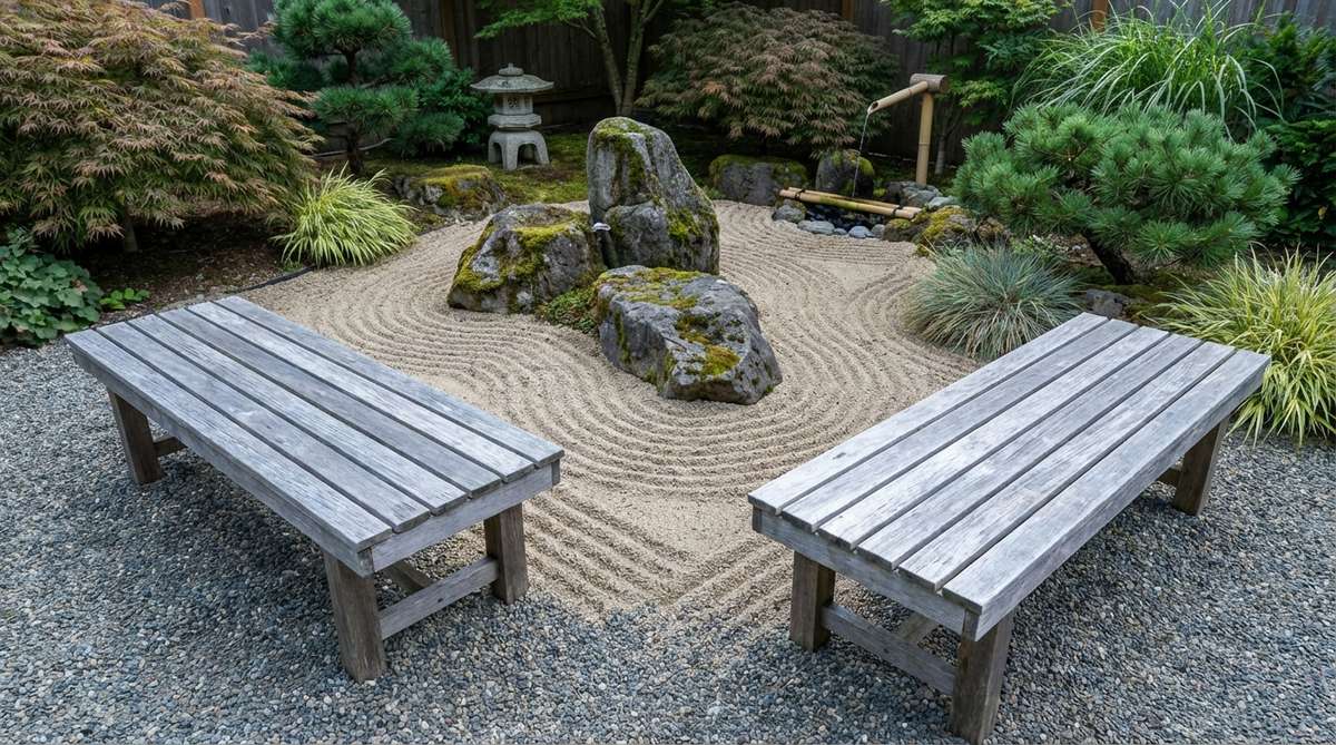 Simple plank benches without backs, weathered to a natural silver-gray, positioned facing primary stone arrangements in a zen garden to maintain minimalist aesthetics and provide meditation seating.