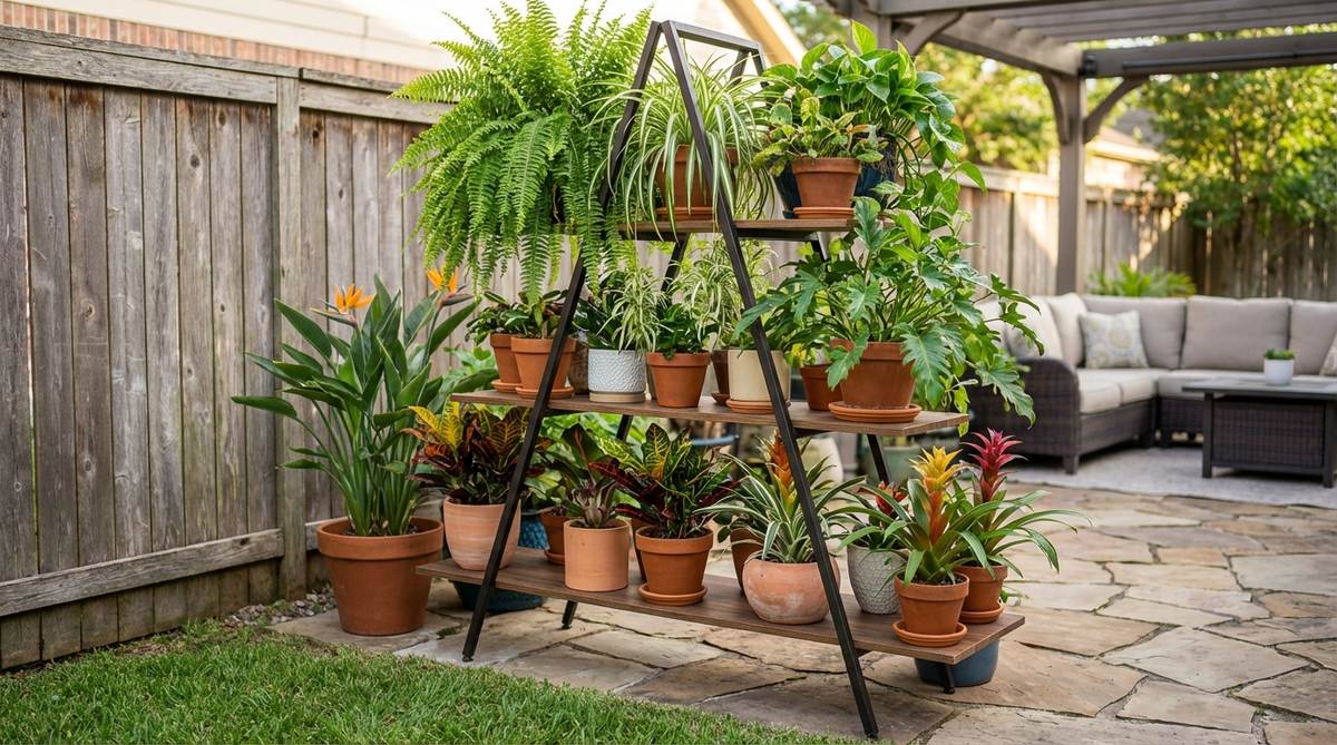 A tiered metal or wood plant stand displaying multiple containers at varied heights, featuring cascading and upright tropical plants to create vertical interest in a small footprint.