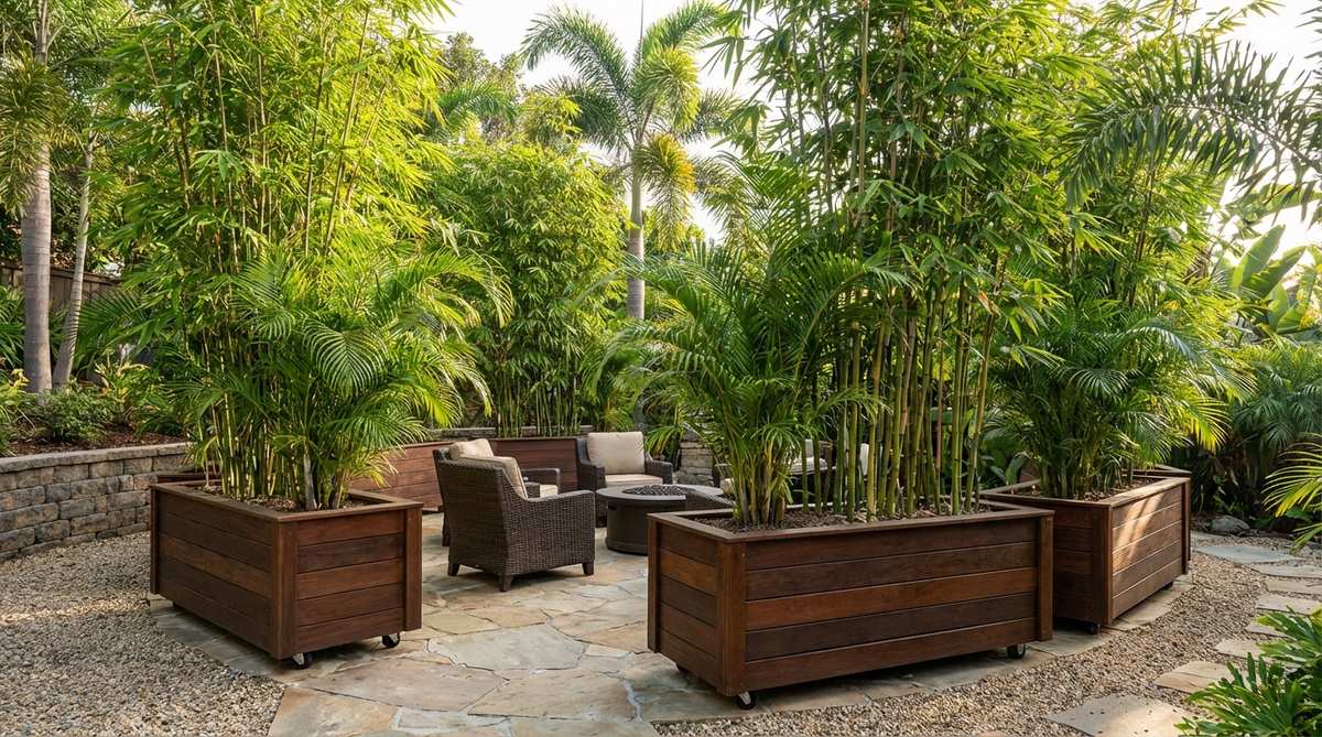 Large rolling planters with tall bamboo and palms creating flexible privacy screening in a tropical garden setting, featuring concealed caster wheels for easy movement to adjust sight lines.