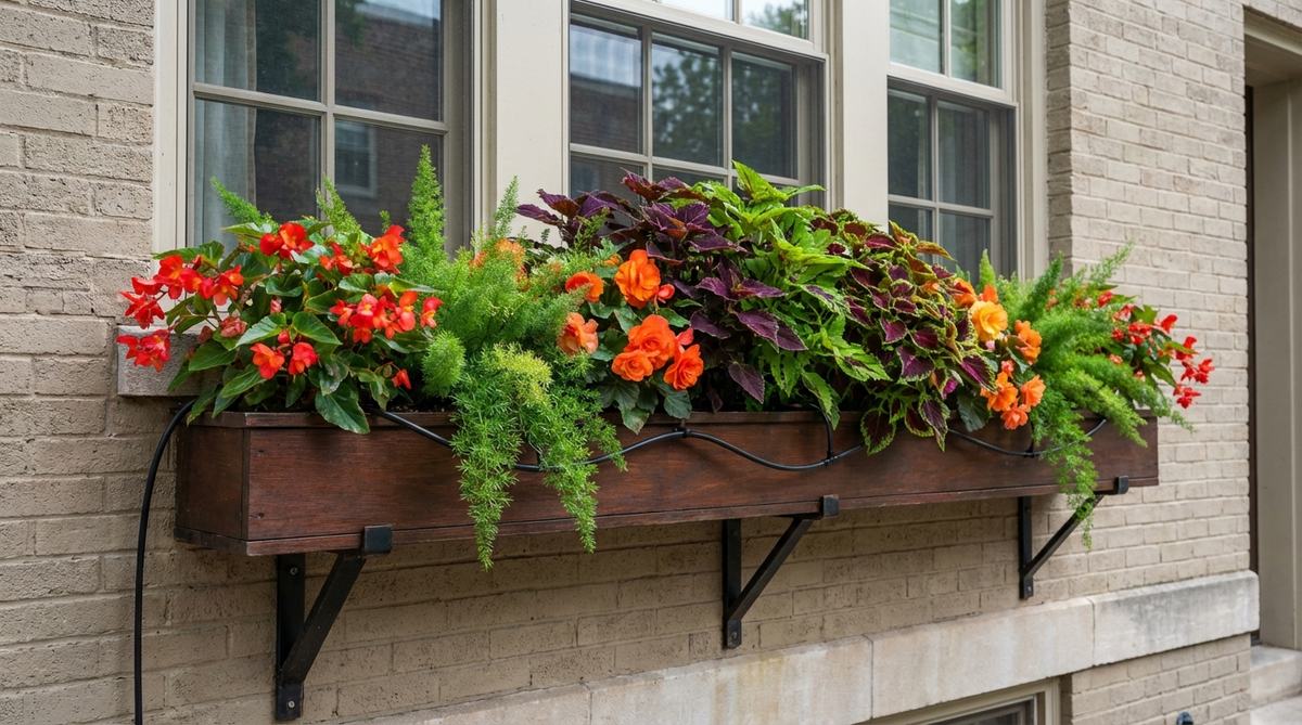 A vibrant window box garden mounted beneath a window, featuring shade-tolerant tropical plants such as begonias, coleus, and asparagus ferns. The setup includes secure brackets and drip irrigation, adding tropical color to building facades in a practical urban gardening solution.