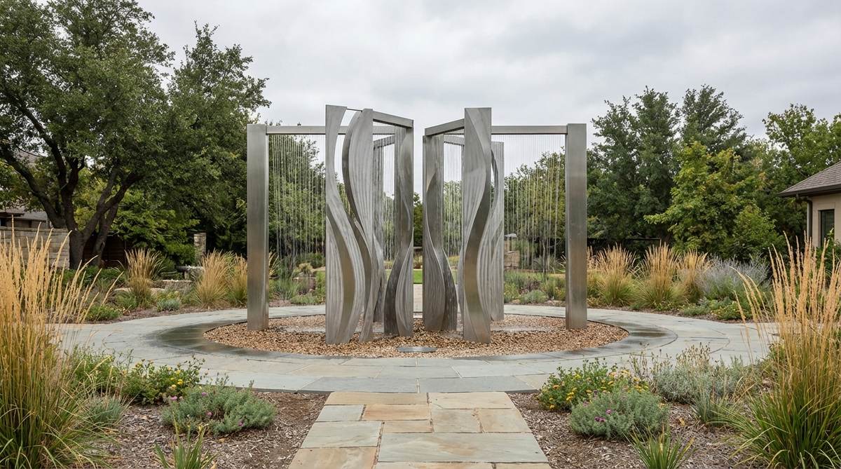 A contemporary garden fountain featuring tall steel blades arranged in abstract patterns, creating a water wall effect without traditional backing panels. Water flows independently down each blade, producing layered water movement. The 350-degree viewing configuration makes it suitable for central placement in courtyards or gardens, with adjustable blade heights and angles for custom compositions. The brushed steel finish adds texture while dividing garden spaces into distinct sections with maintained visual connections.