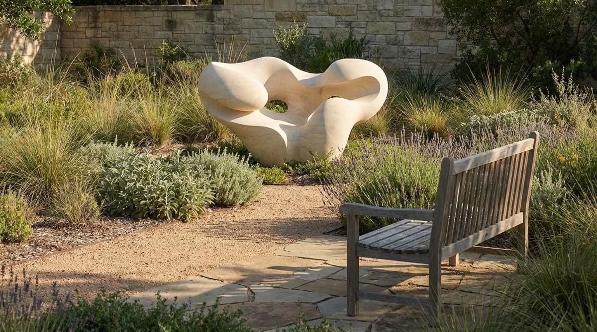 A modern garden sculpture featuring flowing abstract forms carved from pale limestone, evoking wind-sculpted desert rocks or ocean-smoothed boulders. The natural cream and ivory tones of the stone provide a neutral backdrop that complements any planting palette, ideal for meditation gardens or quiet seating areas.
