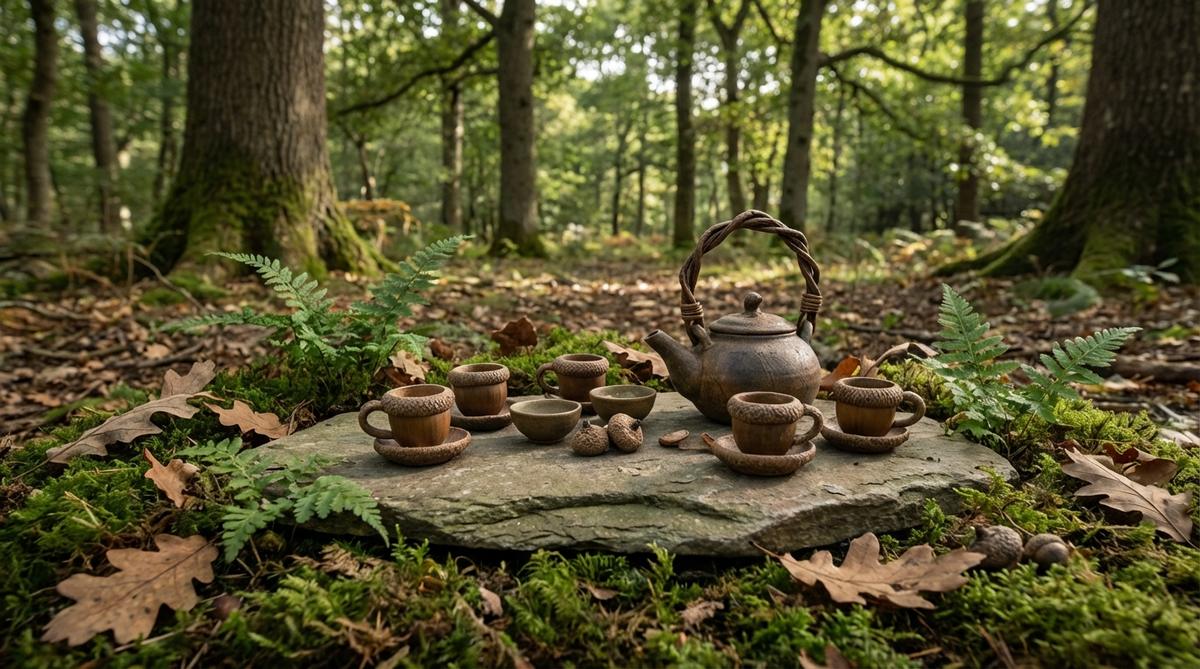 A miniature tea set made from acorn caps arranged on a flat stone serving platter, featuring tiny teacups, bowls, and a teapot with a twig handle, set in a woodland-themed fairy garden for a natural, seasonal aesthetic.