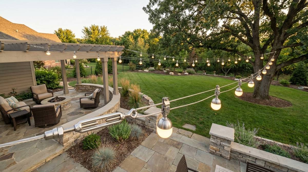 Professional-grade stainless steel catenary cable system with tension adjustment and modular light clips for customizable outdoor lighting configurations. Features wind-resistant hardware and turnbuckles for maintaining optimal tension in various weather conditions.