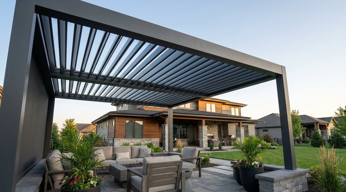 A modern adjustable louver roof pergola with rotating aluminum slats that pivot from fully open to completely closed positions, providing weather protection and transforming outdoor spaces. This premium motorized system integrates with home automation and suits contemporary architecture.