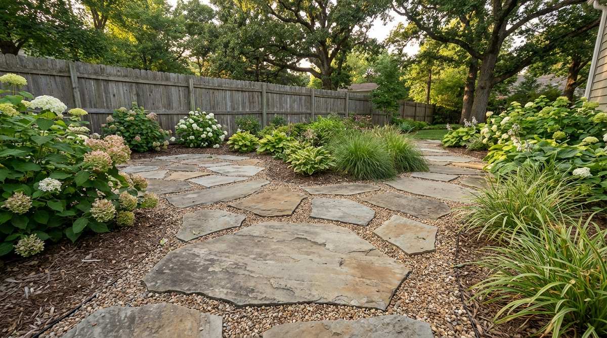 A garden pathway featuring stepping stones of alternating sizes placed in a random pattern, with larger 24-inch stones interspersed with smaller 12-16 inch stones to create visual interest and accommodate different stride lengths.