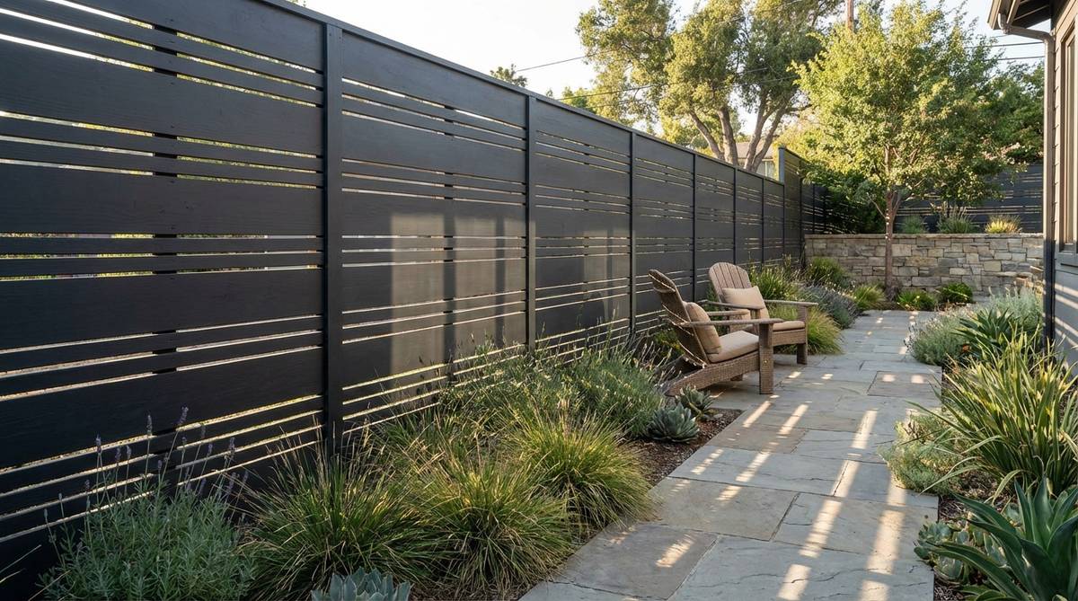 A modern garden fence featuring alternating narrow 2-inch and wide 6-inch horizontal slats, creating visual interest and dynamic shadow patterns. This design enhances privacy with wider boards at eye level, painted in a cohesive trim color for architectural harmony in contemporary outdoor spaces.