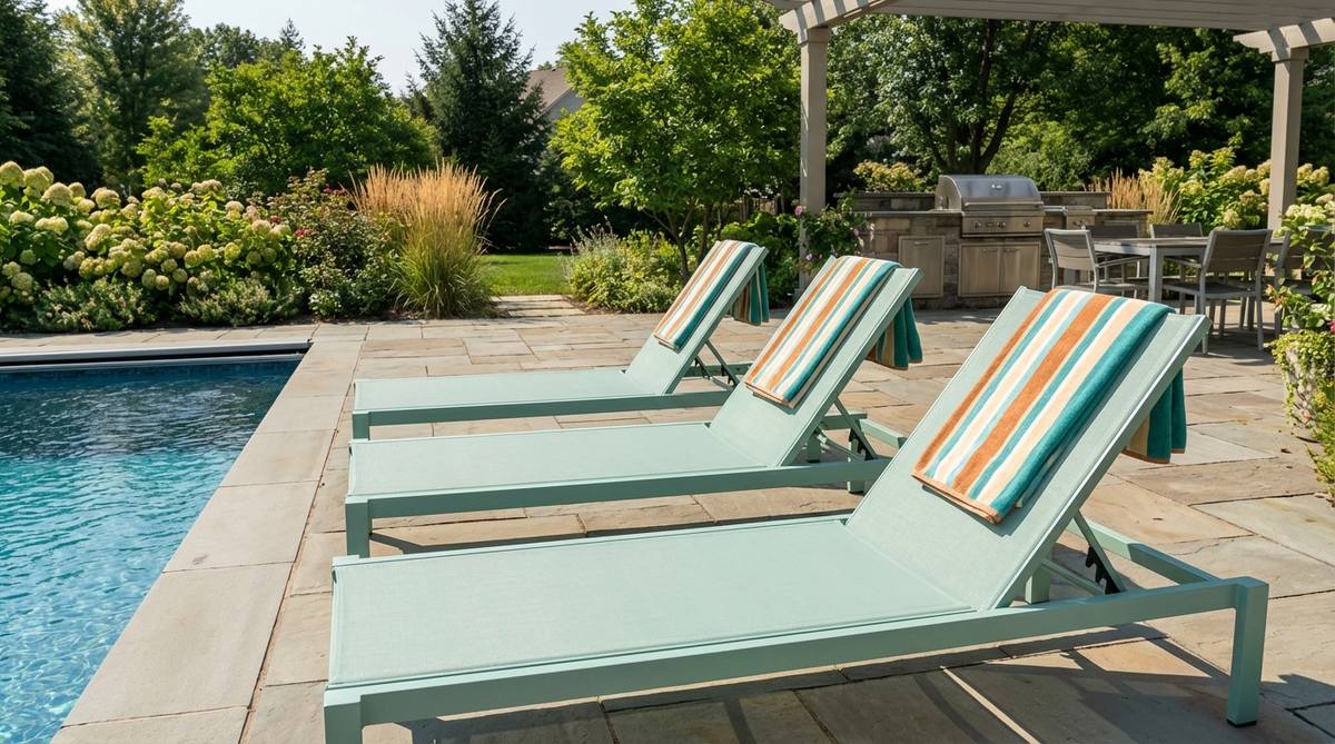 Powder-coated aluminum chaise lounges in seafoam green, arranged poolside for optimal sun exposure. These lightweight, rust-resistant outdoor furniture pieces feature quick-draining surfaces and coordinate with beach towels in a mid-century resort aesthetic.