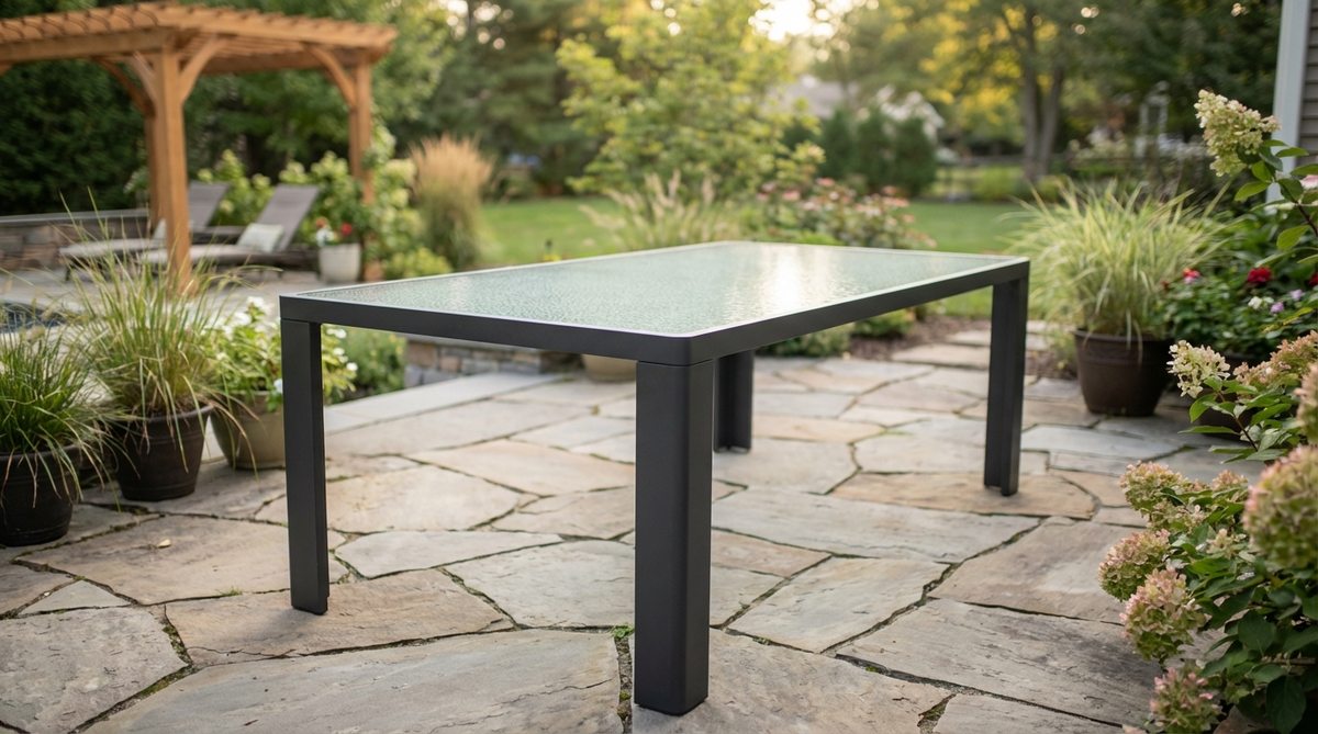 A contemporary aluminum frame glass top table with tempered glass surface and powder-coated aluminum frame, ideal for minimalist garden furniture. Features sleek design with options for frosted or smoked glass finishes to reduce glare while maintaining visual continuity with the garden landscape.