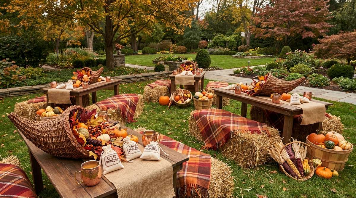 A miniature garden party scene featuring autumn harvest decorations, including pumpkins, gourds, and Indian corn on tabletops, with a warm palette of burgundy, orange, and brown. Wicker cornucopias filled with leaves and berries serve as centerpieces, alongside apple cider in copper mugs and spiced popcorn in themed bags. Hay bales with plaid blankets provide seating, ideal for an October or November gathering.