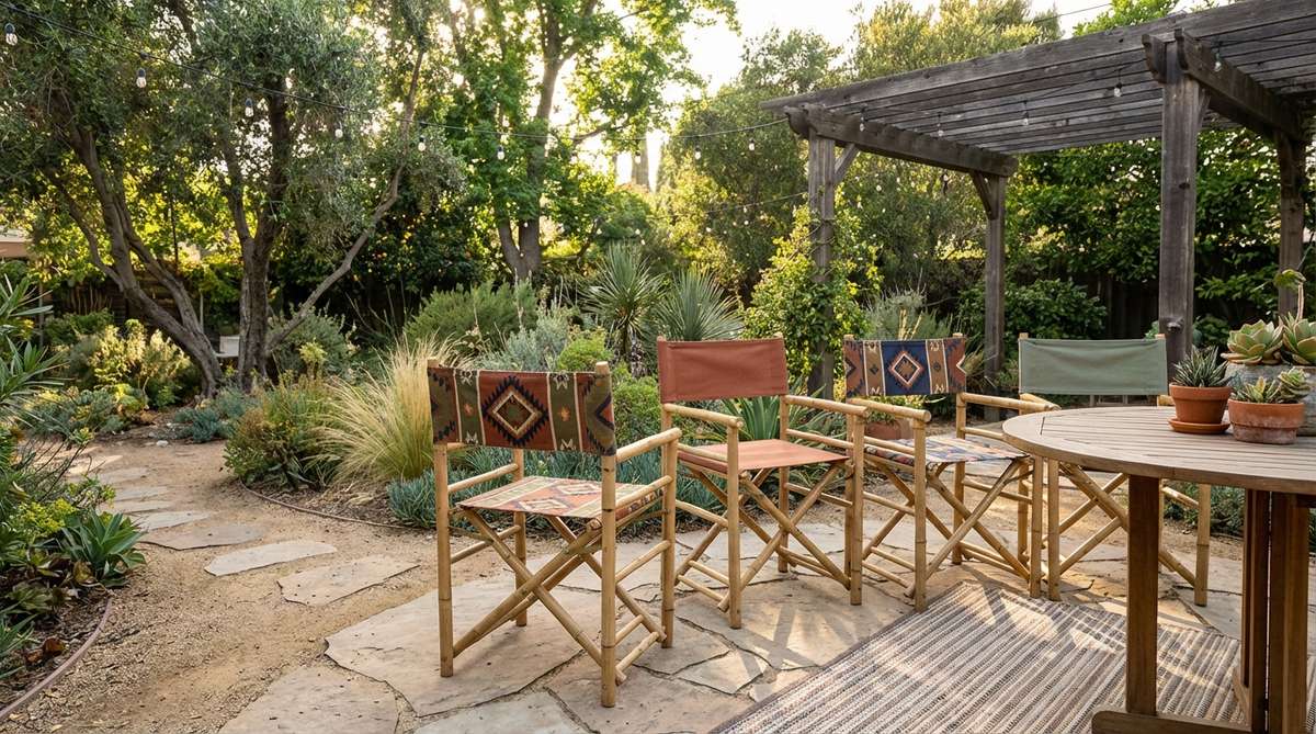 A set of folding bamboo director chairs featuring natural bamboo frames and canvas seats in bold tribal prints or solid earth tones, ideal for a boho garden setting with practical portability and easy maintenance.