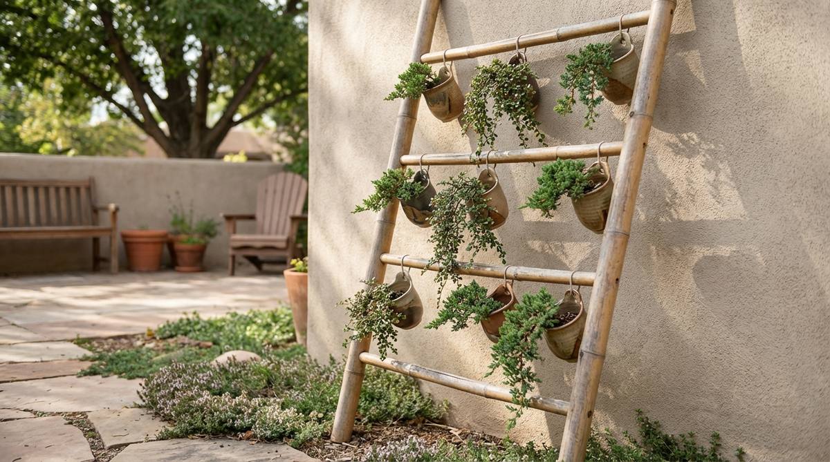 A decorative bamboo ladder leaning against a wall with small cascade-style bonsai trees hanging from ceramic wall pockets on each rung. The natural bamboo material complements the organic aesthetic while cascade bonsai varieties like Cotoneaster or Procumbens juniper drape naturally over container edges, creating a vertical display system suitable for narrow spaces.