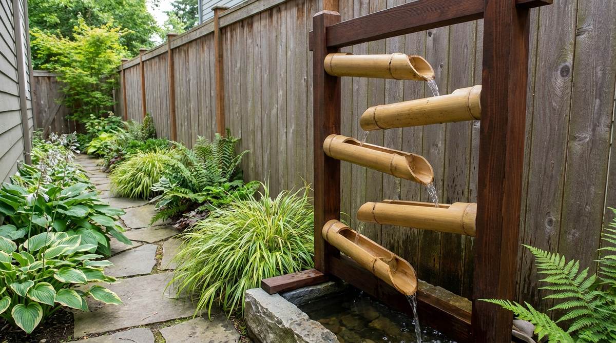 A vertical bamboo water feature with multiple sections arranged at descending heights, creating tiered water flow and hollow resonance. Water cascades through cut openings in bamboo poles mounted on a support structure, producing layered sounds in a narrow garden space.