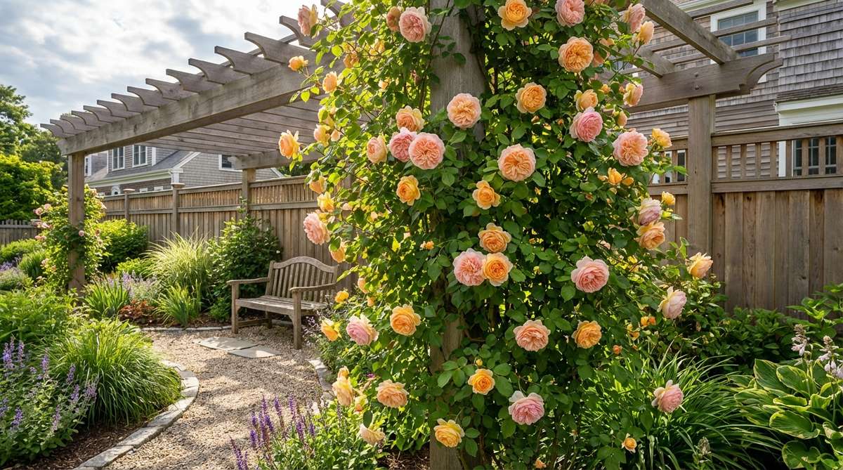 A modern garden rose variety called Bathsheba, featuring intensely layered petals in apricot, soft pink, and butter tones that create dimensional flat flowers. This short climber grows 8 to 10 feet tall on walls or pergolas, with an unusual petal arrangement that adds architectural interest to vertical surfaces. A David Austin variety with improved disease resistance, rich fragrance, and repeat blooms throughout the growing season.
