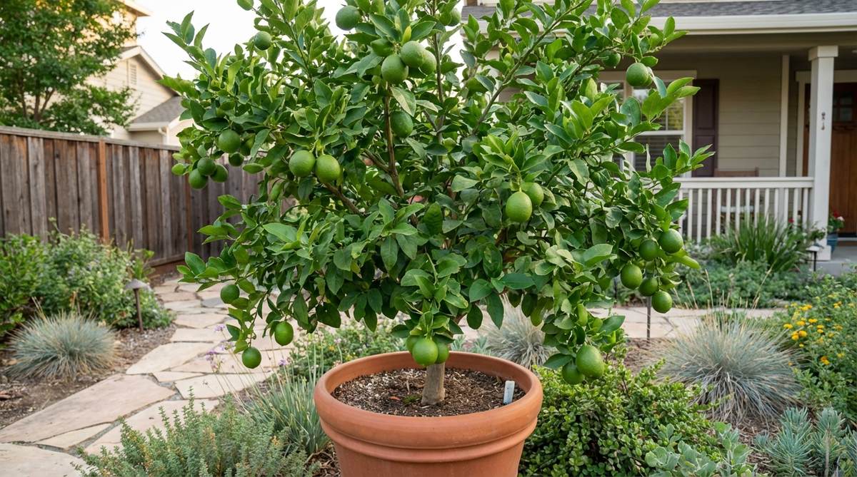 A mature Bearss seedless lime tree with lush green foliage and Persian-type limes growing on thornless branches, ideal for small gardens and container planting with self-watering systems.