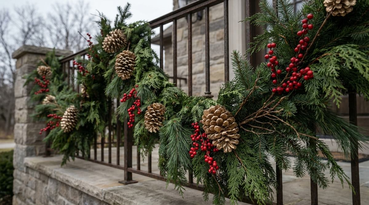 Close-up of artificial berry sprigs and gold-painted pinecones arranged in evergreen garland for Christmas balcony decoration, showing textural variation and natural woodland aesthetics with red winterberry accents against dark green foliage.