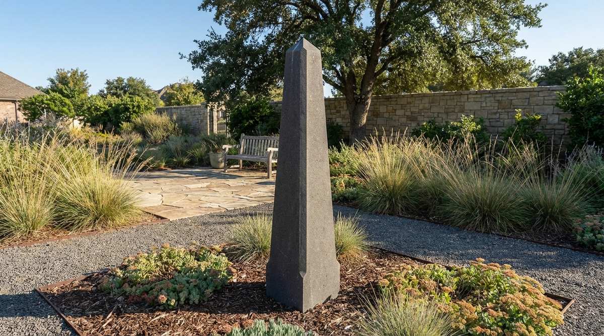 A dark basalt garden obelisk with sharp chamfered edges running its full height, creating linear highlights that define the geometric form. The dense volcanic stone resists weathering while maintaining precise 45-degree bevels that extend 1-2 inches from each corner, preventing harsh square corners while preserving contemporary character. Ideal for minimalist gardens where its strong geometry anchors compositions, the dark basalt recedes visually in shade but commands attention in direct sunlight.