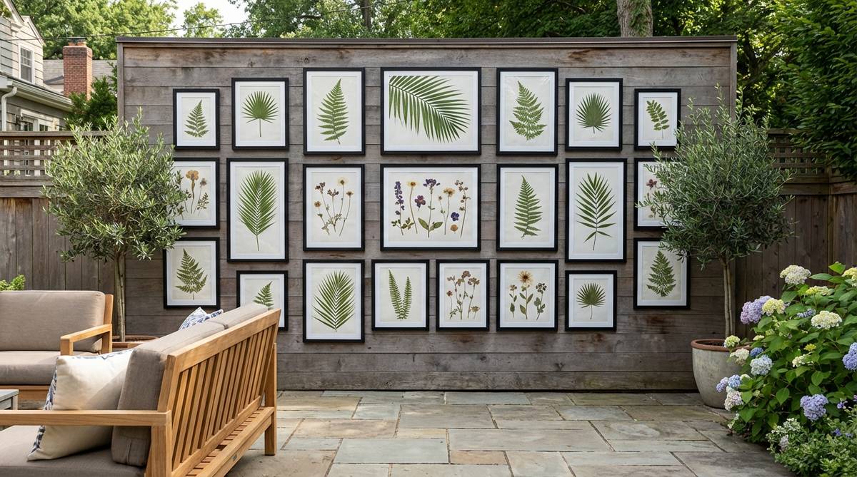 A gallery of botanical and nature prints in simple black frames, featuring organic subjects like ferns, palms, or pressed flowers. Arranged in a grid or salon-style, the dark borders create strong definition and unify diverse imagery while maintaining a boho sensibility.