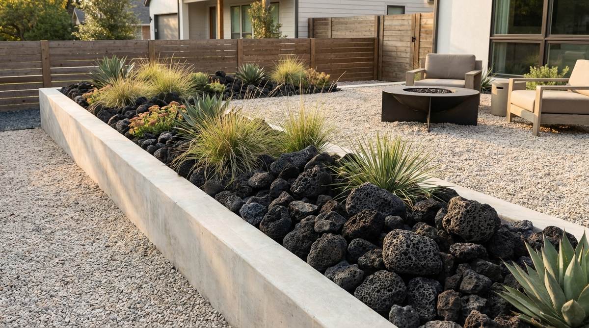 A minimalist garden featuring porous black lava rock used as an accent in planting beds, creating dramatic contrast against light-colored gravel or concrete. The lightweight structure of the rock makes installation easy, enhancing the modern aesthetic of the garden design.