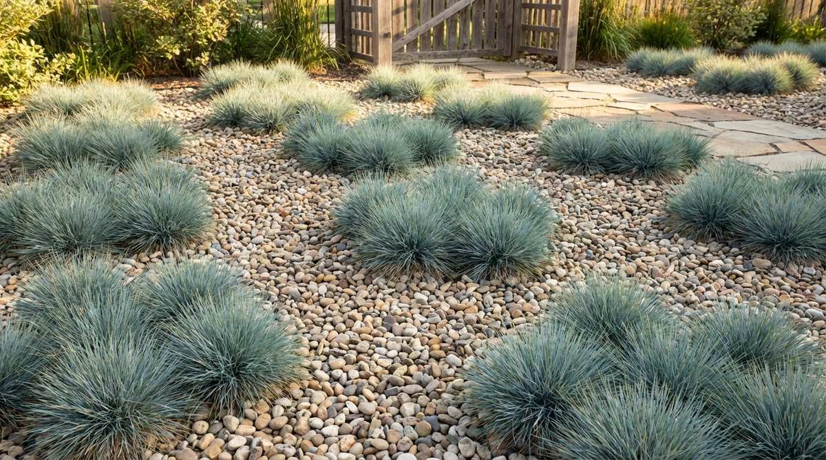 A gravel garden bed featuring clusters of Festuca glauca, showcasing their compact steel-blue tussocks arranged in groups of five or seven. The plants are spaced 12 inches apart within each cluster, with 24-36 inches between groups, creating a rhythmic pattern that complements the rounded texture of the gravel.