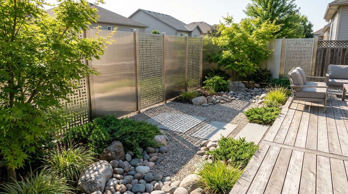 Perforated stainless steel panels with geometric cutout patterns serving as modern interpretations of traditional bamboo fencing in a Japanese rock garden. The brushed steel screens cast shifting shadow designs across raked gravel as sunlight moves through the day, creating ever-changing compositions that honor Zen garden principles of temporal beauty. The industrial material provides privacy while allowing natural light to filter through, with brushed finishes preventing harsh glare while maintaining a contemporary sleek appearance.