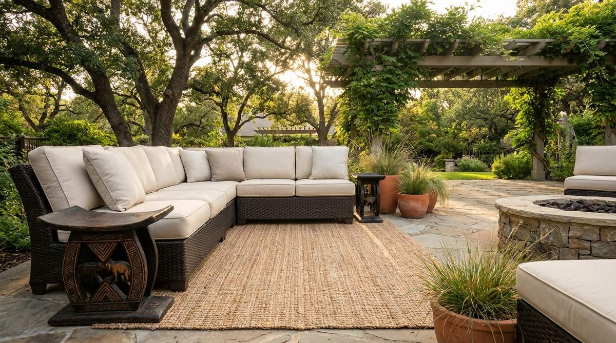 Traditional African carved wood stools with geometric patterns and symbolic motifs, used as versatile side tables or extra seating in Afro Boho decor. Hand-tooled details and rich wood grain add a substantial, grounding presence to lounge areas.