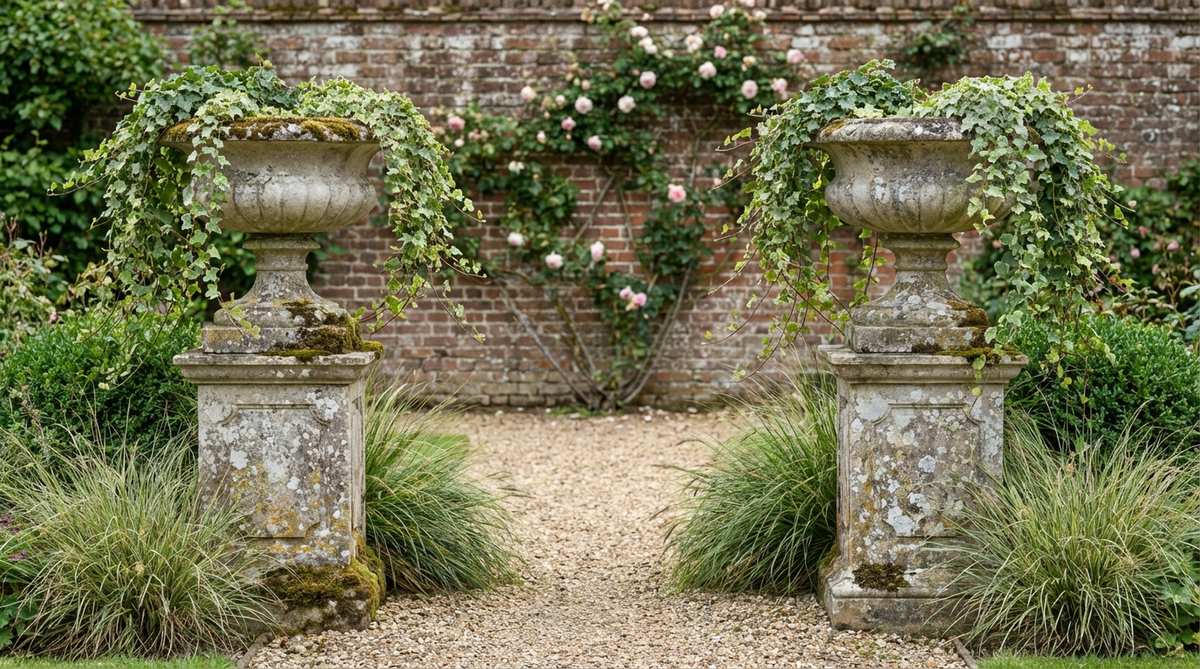 Classical cast stone urns and pedestals arranged in a vintage garden setting, featuring formal elegance with aged moss and lichen growth. The composition includes trailing ivy and ornamental grasses softening the classical lines, perfect for entryways and terraces.