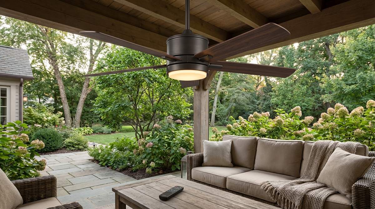 An integrated ceiling fan with built-in lighting designed for outdoor porch use, featuring damp/wet location rating, coordinated blade finishes with porch metals, adjustable brightness light kit, and remote control functionality.