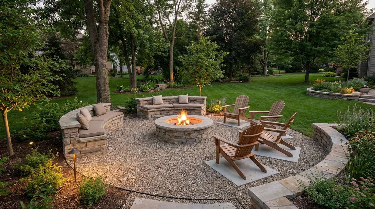 A circular pea gravel patio with a central fire pit, surrounded by built-in stone benches and Adirondack chairs on concrete footing pads. The gravel surface provides a fire-resistant base for evening gatherings, with ample space for seating zones and safe circulation around the fire.