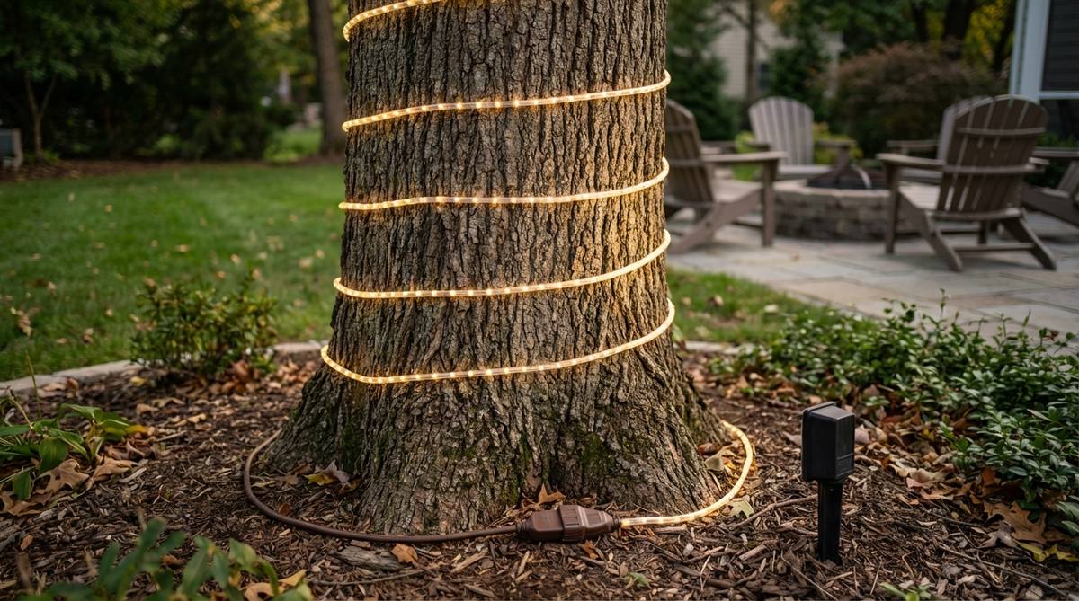 A close-up photo showing the spiral wrap technique being applied to a tree trunk with LED string lights. The image demonstrates the uniform spacing between rotations and proper plug positioning at the base, illustrating the elegant light distribution this method creates for outdoor tree decoration.
