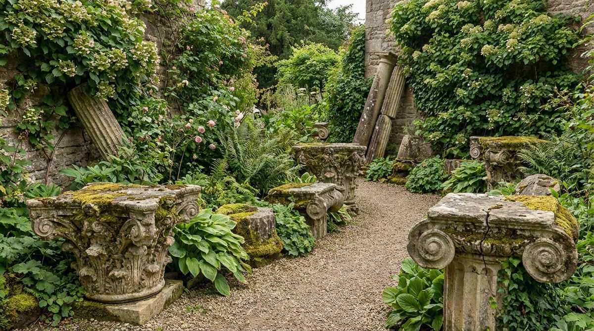 Weathered Corinthian or Ionic capital fragments used as garden decor, showing deliberate aging techniques like distressing and moss applications. The classical column fragments are arranged horizontally as edge markers or propped vertically in naturalistic plantings, combined with climbing vines to create an overtaken-ruin effect. Perfect for cottage or English country gardens where formality loosens, sourced from architectural salvage for authentic patina.