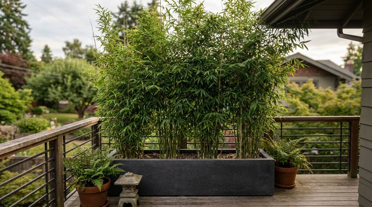 A photo showing Fargesia rufa 'Green Panda' clumping bamboo planted in a long rectangular planter on a Japanese balcony, creating a natural privacy screen. The bamboo is about 8 feet tall with lush green foliage, spaced 18-24 inches apart for full coverage, thriving in partial shade with weekly deep watering.